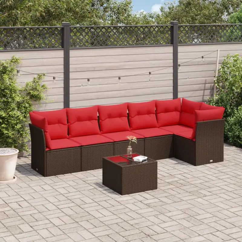 Loungeset van poly rattan met comfortabele zitervaring en gepoedercoat staal - Bruin en rood / Met tafel - Tuinsets