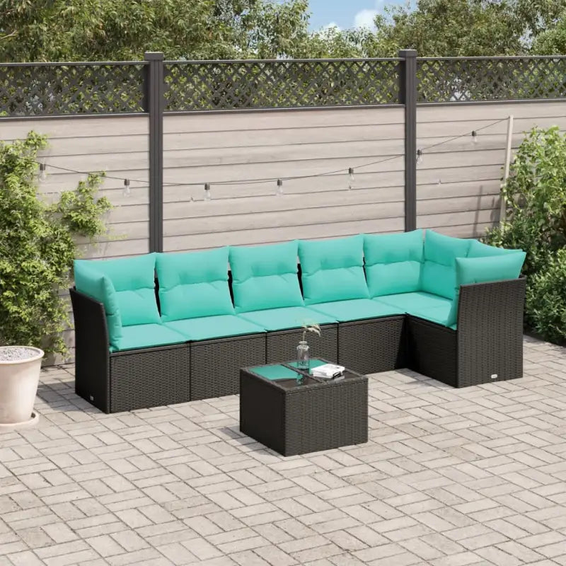 Loungeset van poly rattan met comfortabele zitervaring en gepoedercoat staal - Zwart en blauw / Met tafel - Tuinsets