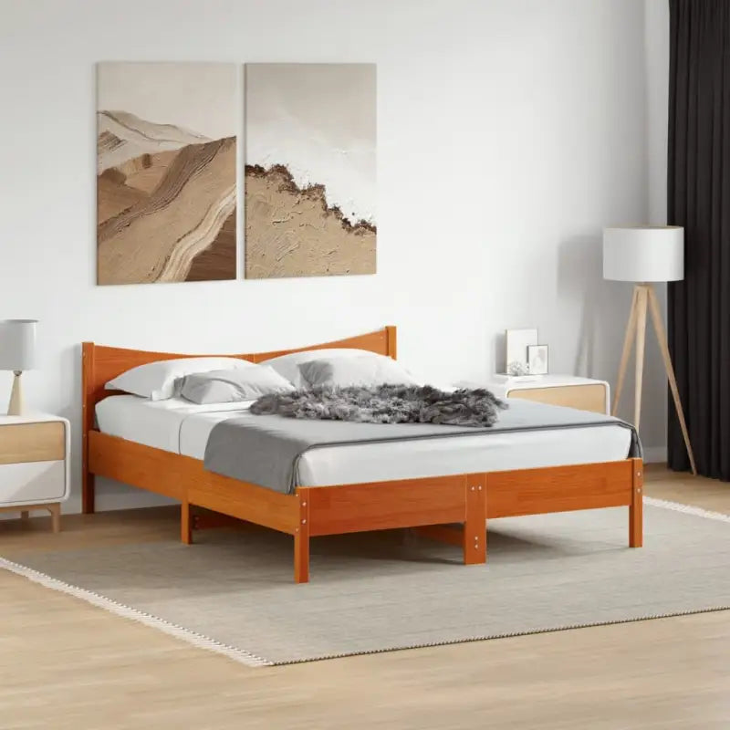Massief Grenenhouten bedframe met multiplex lattenbodem en uitstekende ondersteuning - Wasbruin / 150 x 200 cm - Bedden