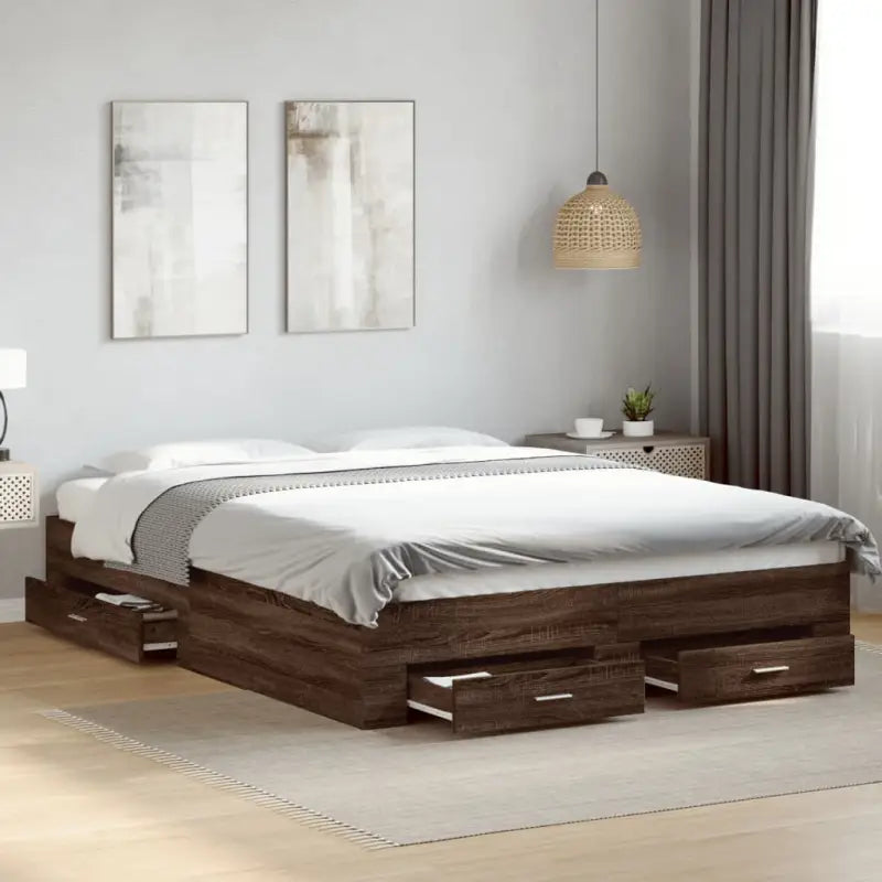 Modern bedframe met lades van bewerkt hout voor een eigentijdse slaapkamer - bruin eikenkleur / 160 x 200 cm - Bedden &