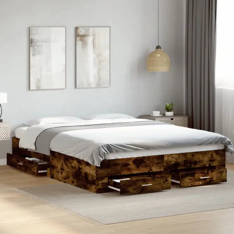 Modern bedframe met lades van bewerkt hout voor een eigentijdse slaapkamer - Gerookt eiken / 150 x 200 cm - Bedden &