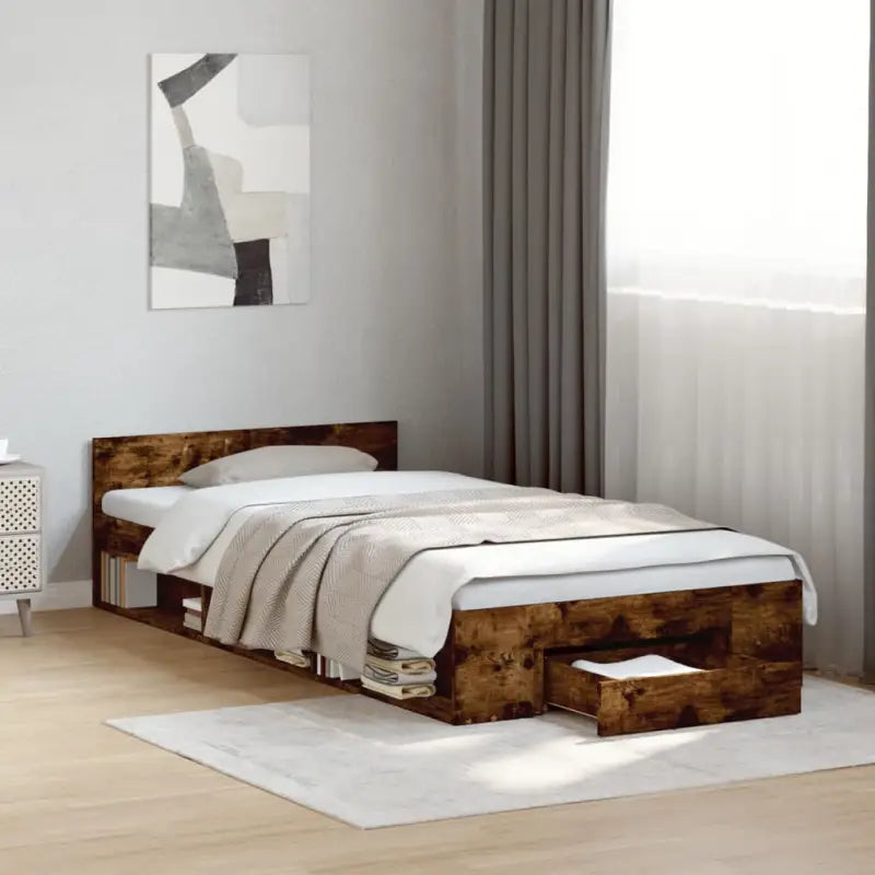 Modern bedframe met lades van bewerkt hout voor een stijlvolle slaapkamer - Gerookt eiken / 90 x 190 cm - Bedden &