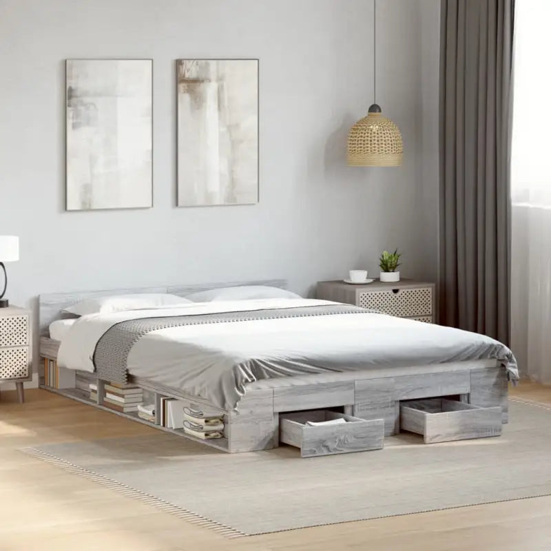 Modern bedframe met lades van bewerkt hout voor een stijlvolle slaapkamer - Grijs sonoma / 135 x 190 cm - Bedden &