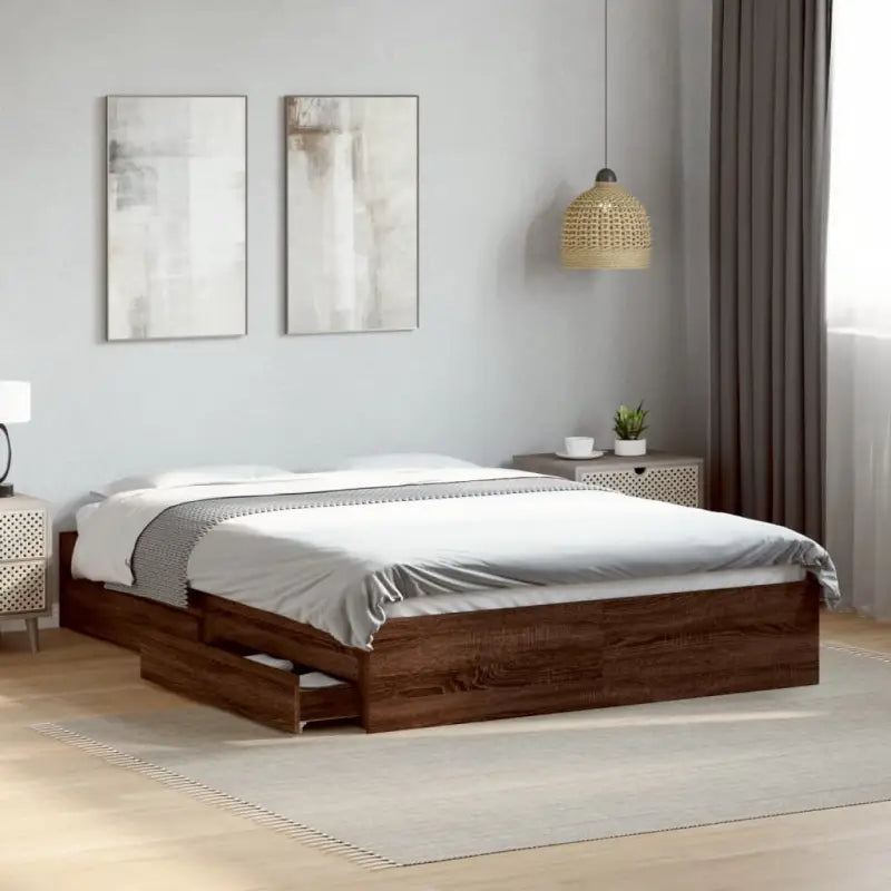 Modern bedframe met lades van bewerkt hout voor een stijlvolle slaapkamer - bruin eikenkleur / 120 x 190 cm - Bedden &