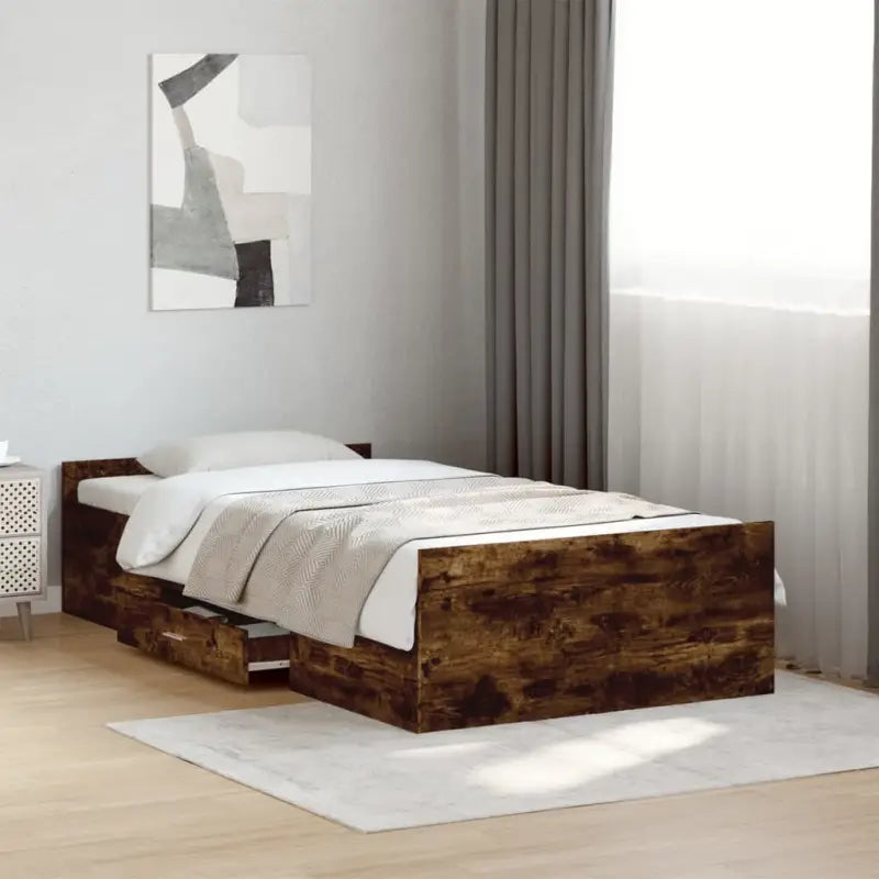 Moderne bedframe met lades van bewerkt hout voor een stijlvolle slaapkamer - Gerookt eiken / 90 x 200 cm - Bedden &
