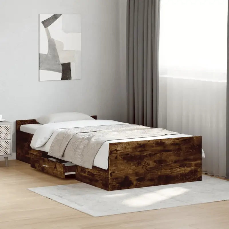 Moderne bedframe met lades van bewerkt hout voor een stijlvolle slaapkamer - Gerookt eiken / 75 x 190 cm - Bedden &