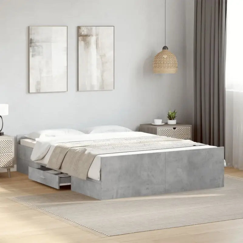 Moderne bedframe met lades van bewerkt hout voor een stijlvolle slaapkamer - Betongrijs / 120 x 200 cm - Bedden &