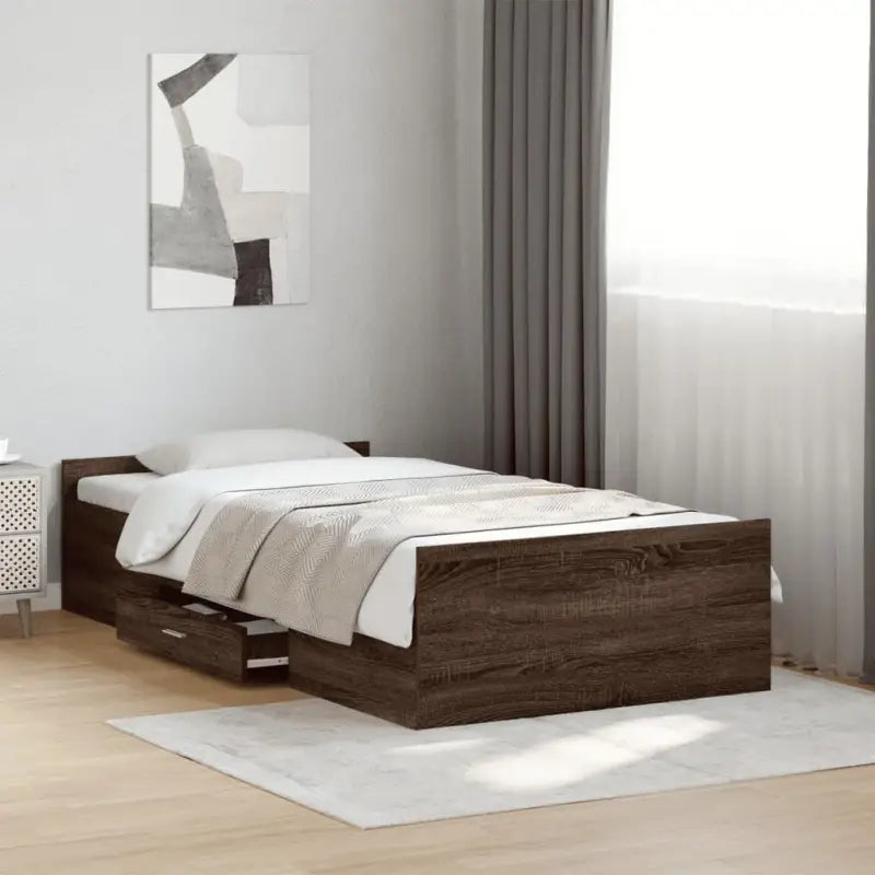 Moderne bedframe met lades van bewerkt hout voor een stijlvolle slaapkamer - bruin eikenkleur / 90 x 190 cm - Bedden &