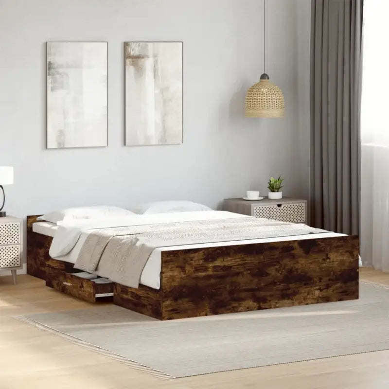 Moderne bedframe met lades van bewerkt hout voor een stijlvolle slaapkamer - Gerookt eiken / 140 x 190 cm - Bedden &
