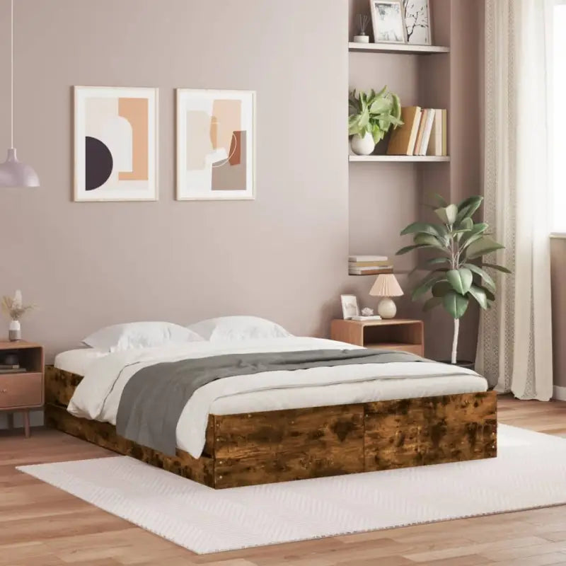 Moderne bedframe met lades van bewerkt hout voor een stijlvolle slaapkamer - Gerookt eiken / 140 x 200 cm - Bedden &