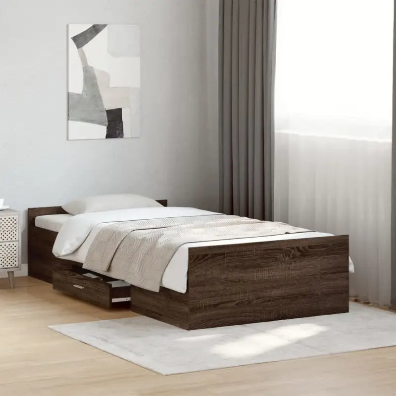 Moderne bedframe met lades van bewerkt hout voor een stijlvolle slaapkamer - bruin eikenkleur / 75 x 190 cm - Bedden &