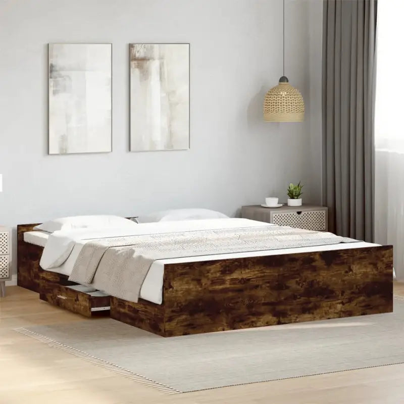 Moderne bedframe met lades van bewerkt hout voor een stijlvolle slaapkamer - Gerookt eiken / 160 x 200 cm - Bedden &