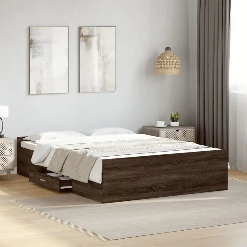 Moderne bedframe met lades van bewerkt hout voor een stijlvolle slaapkamer - bruin eikenkleur / 120 x 190 cm - Bedden &