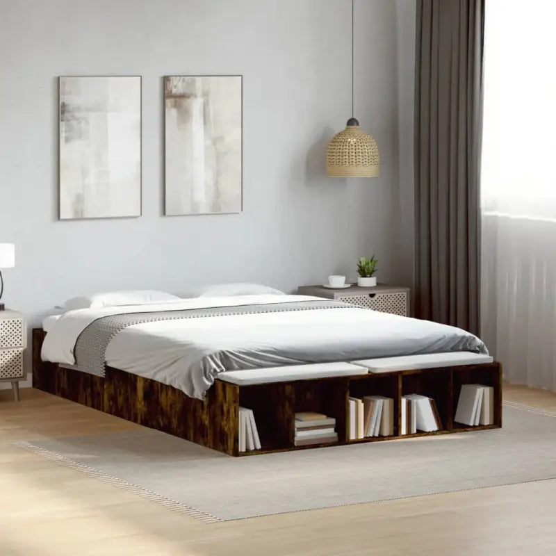 Moderne Grijs Sonoma Bedframe van Bewerkt Hout voor de Slaapkamer - Gerookt eiken / 135 x 190 cm - Bedden & bedframes