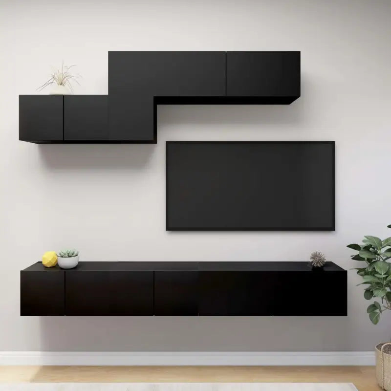 Moderne hangende tv-meubelset in bewerkt hout met opbergruimte - Zwart / 6 / 100 cm - Tv-meubels