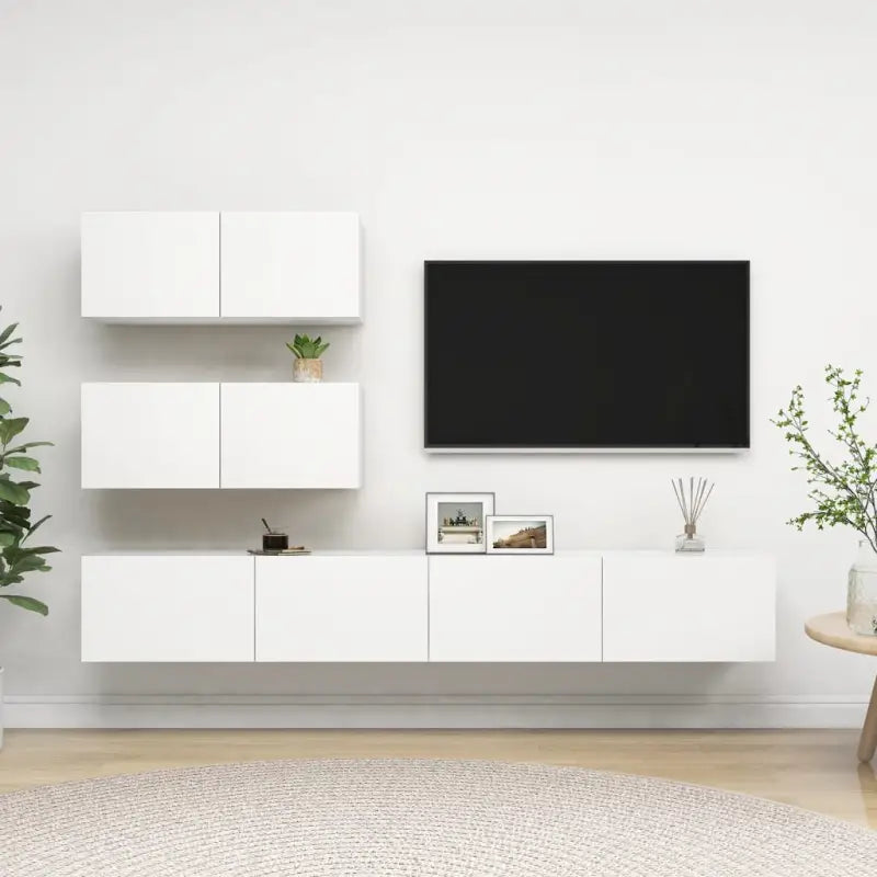 Moderne hangende TV-meubelset van bewerkt hout met veel opbergruimte - Wit / 4 / 100 cm - Tv-meubels