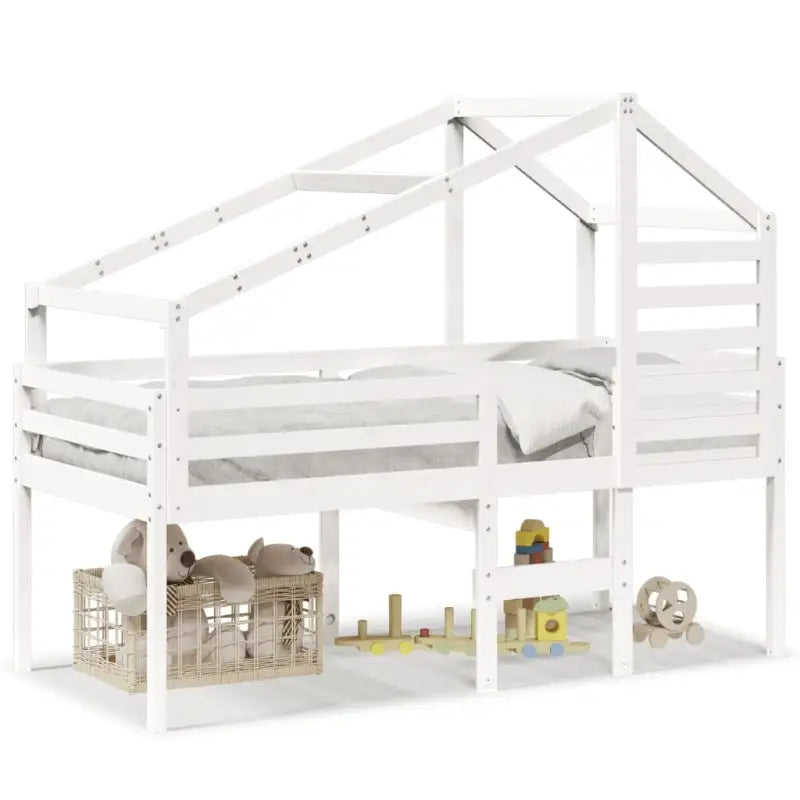 Moderne hoogslaper in massief grenenhout met open zijdeur in wit materiaal - Bedden & bedframes