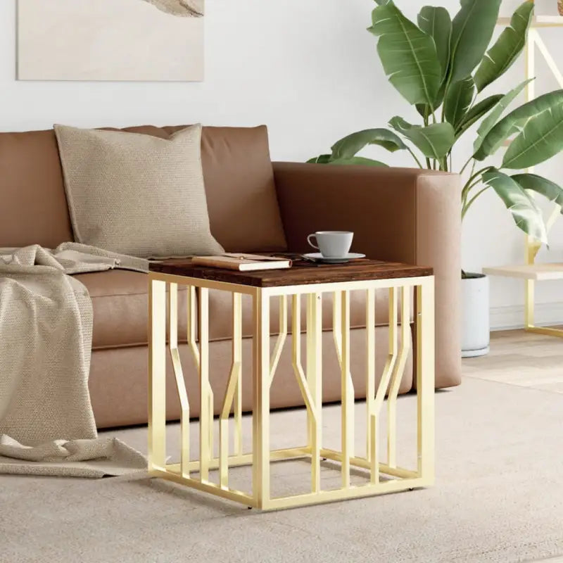 Moderne salontafel met gehard glas en roestvrij stalen frame - Goud / 1 / Hout - Salontafels