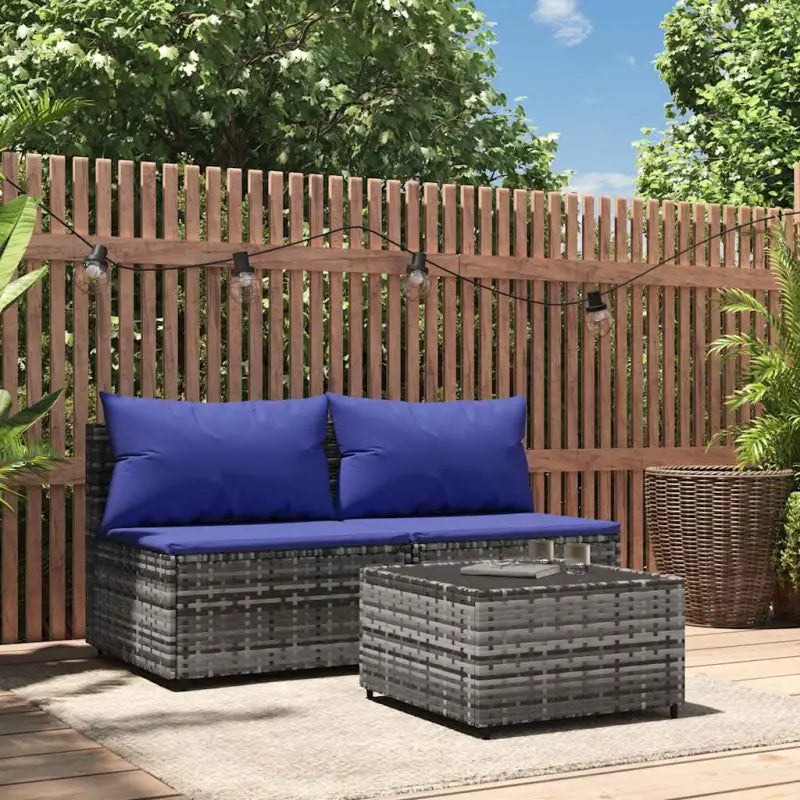 Moderne tuinbank van poly rattan voor dineren en ontspannen - Grijs en blauw / 1 / 2x midden + Tafel - Loungebanken