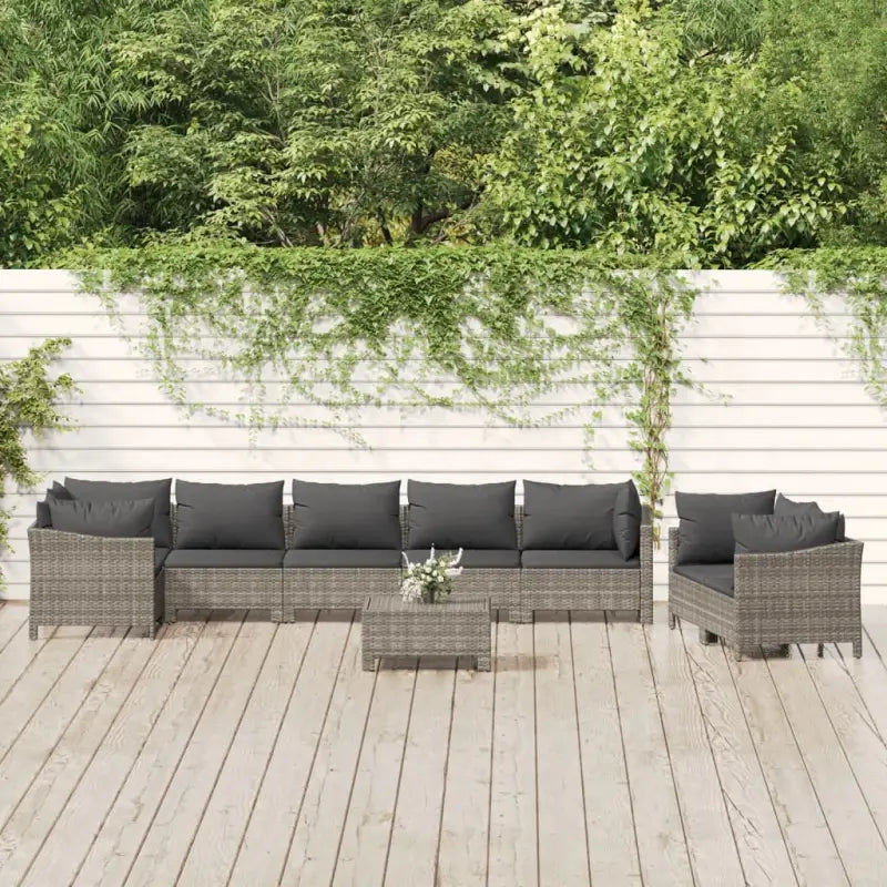 Moderne tuinset met poly rattan en comfortabele armleuning links - 4x Fauteuil + hoek + 3x midden + voetensteun