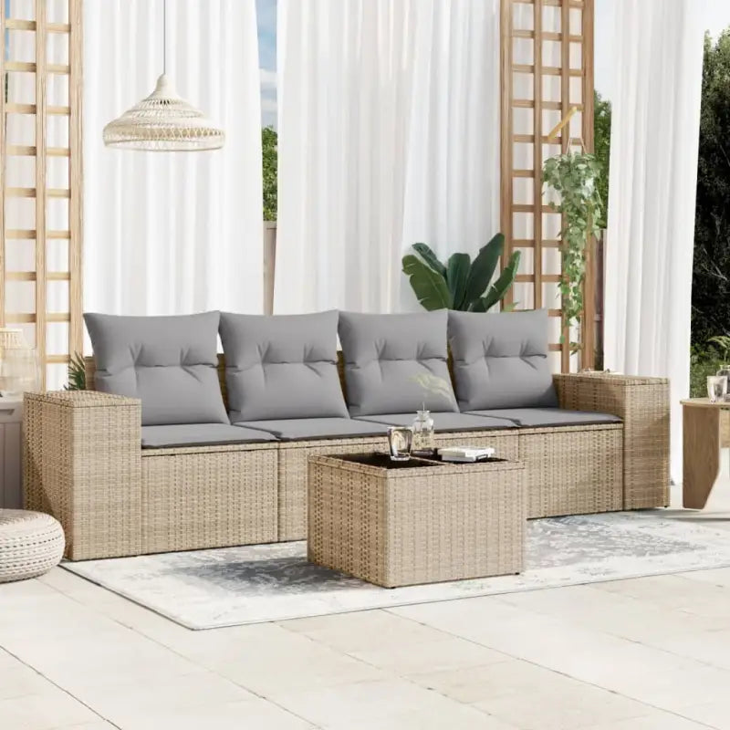 Modulaire tuinbank met zwart materiaal en poly rattan voor buitenplezier - Beige en grijs / 1 / Met tafel - Modulaire