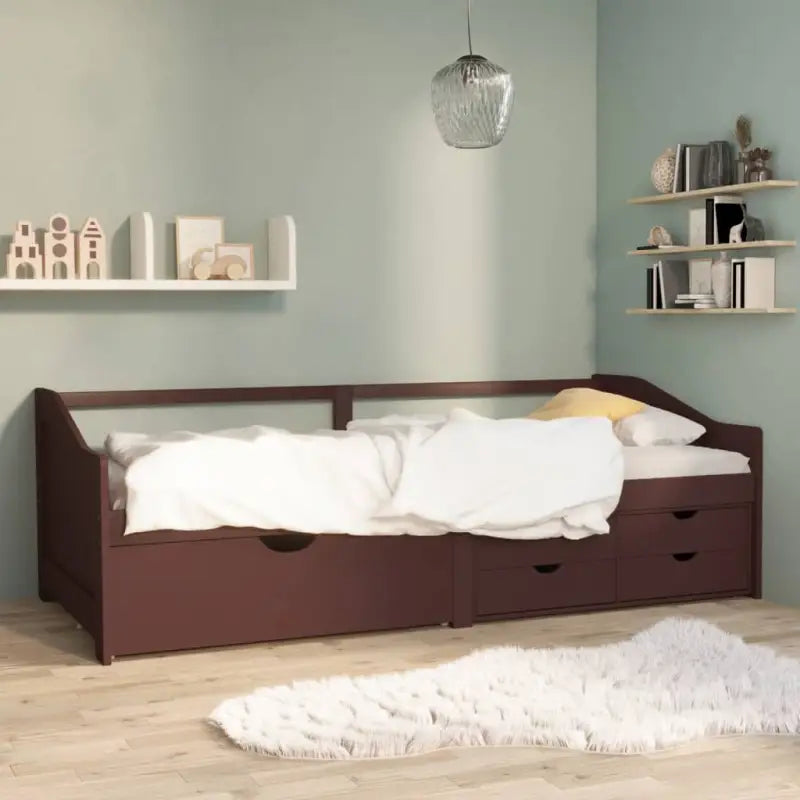 Multifunctioneel bedbank van massief grenenhout met praktische lade - Donkerbruin - Bedden & bedframes