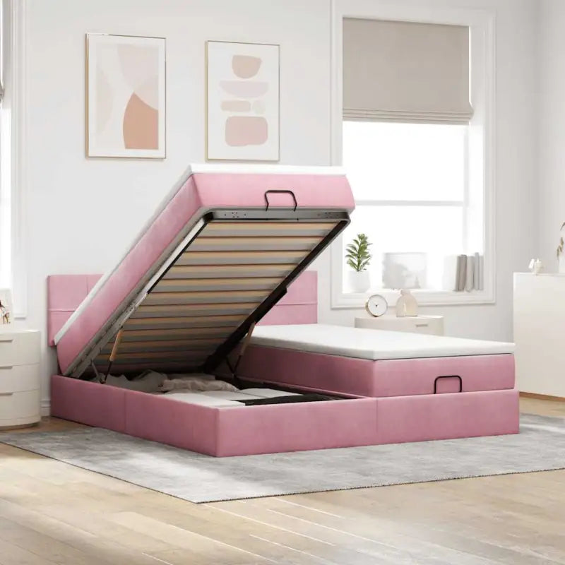 Ottomaan bed met ruime opbergruimte en zacht roze materiaal - Roze / 200 x 200 cm / Blok met vierkanten - Bedden &