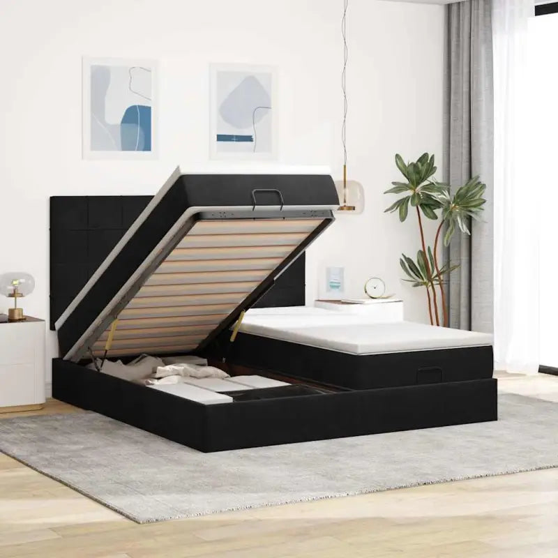 Ottomaanse bed met ruime opbergruimte en zwart materiaal - Zwart / 160 x 200 cm / Blok met vierkanten - Bedden &