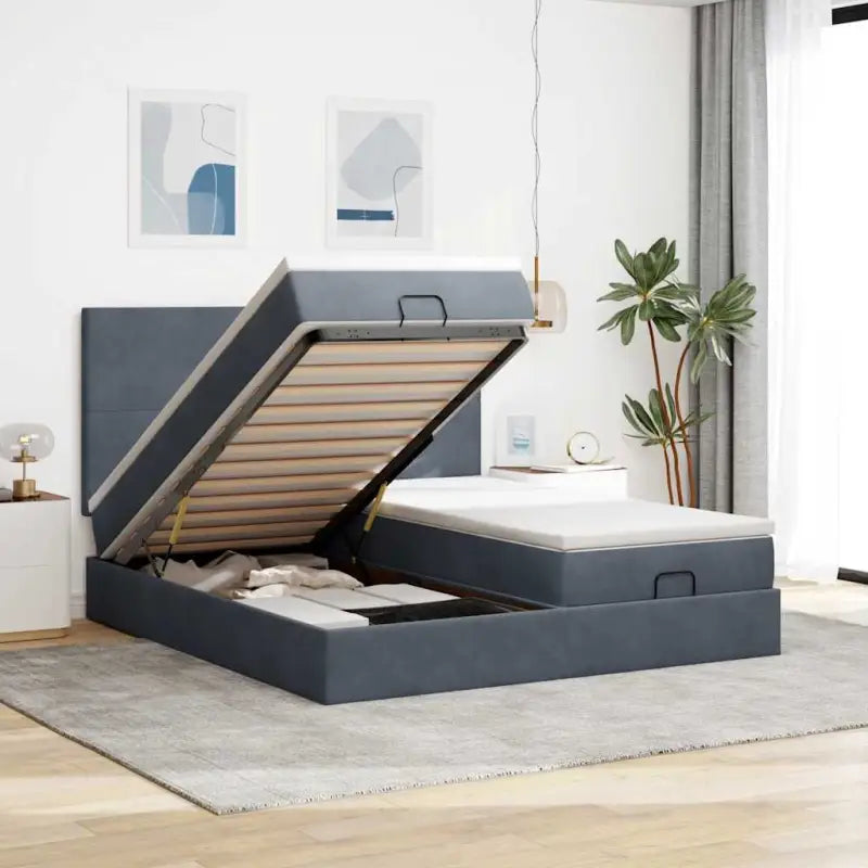 Ottomaanse bed met ruime opbergruimte en zwart materiaal - Donkergrijs / 160 x 200 cm / Effen ontwerp - Bedden &