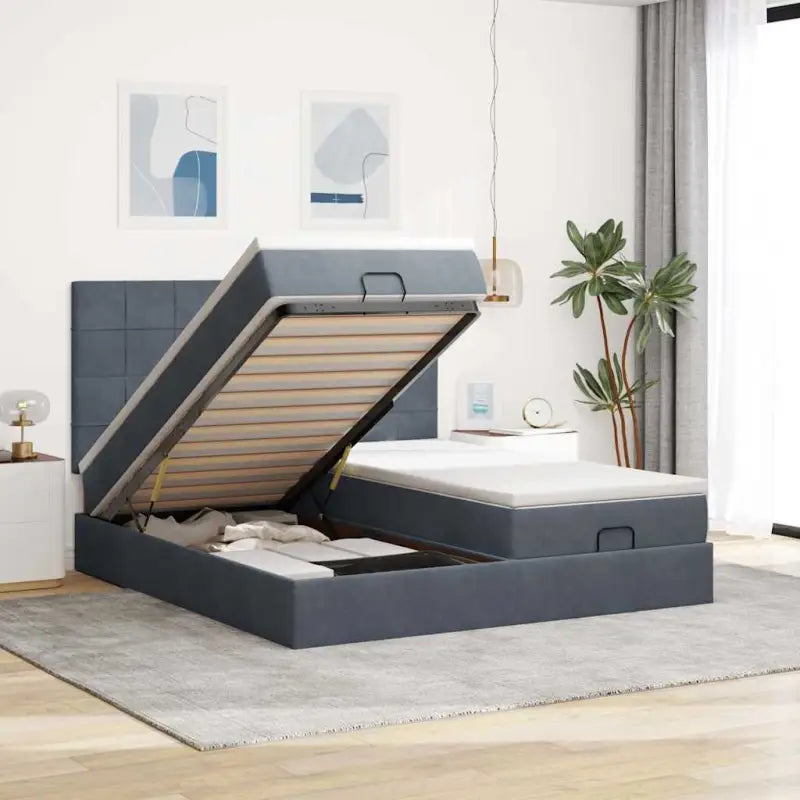 Ottomaanse bed met ruime opbergruimte en zwart materiaal - Donkergrijs / 160 x 200 cm / Blok met vierkanten - Bedden &