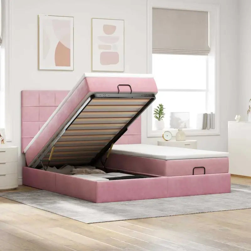 Ottomaanse bed met ruime opbergruimte en zwart materiaal - Roze / 180 x 200 cm / Blok met vierkanten - Bedden &