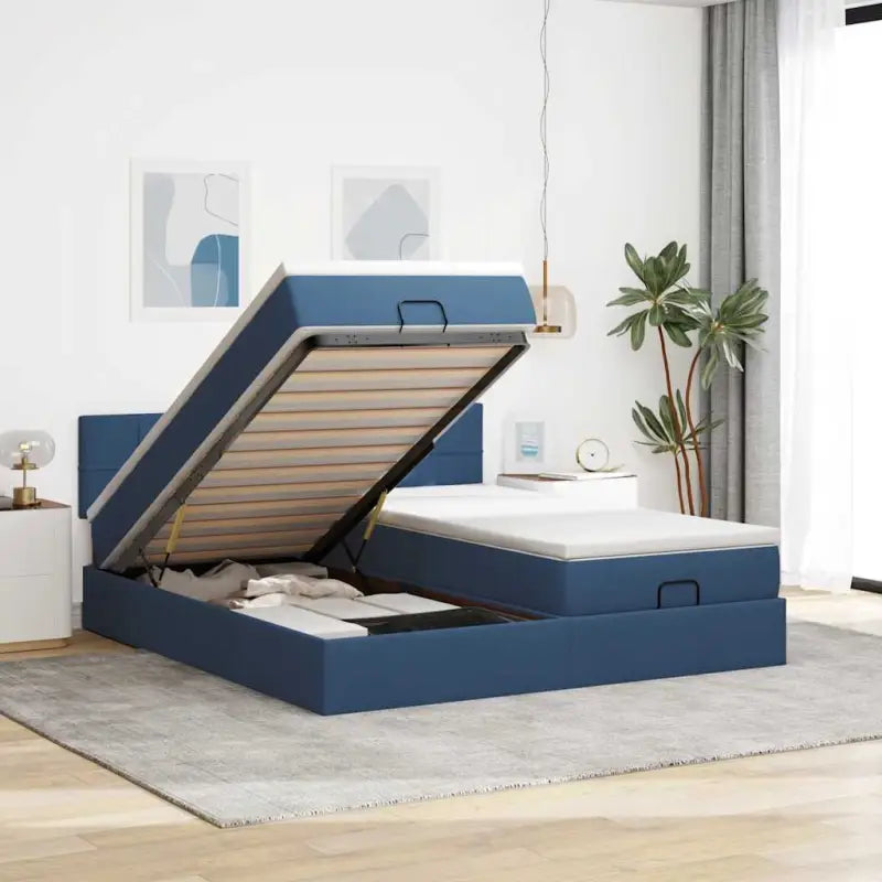 Ottomaanse bed met ruime opbergruimte in lichtgrijs materiaal - Blauw / 160 x 200 cm / Blok met vierkanten - Bedden &