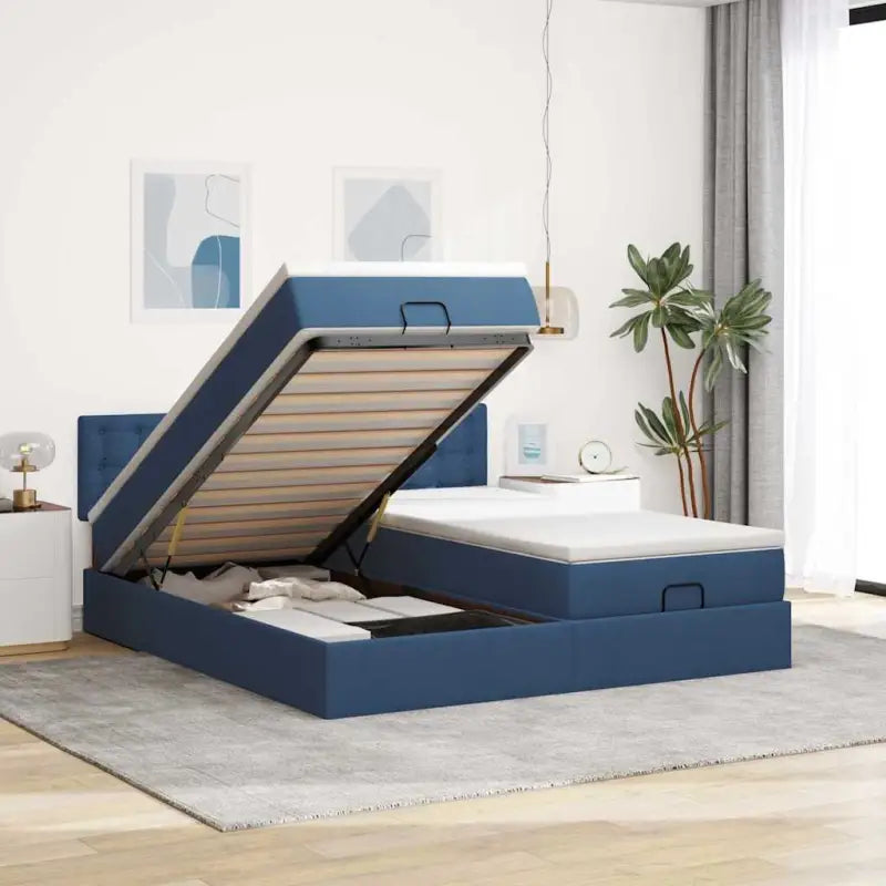 Ottomaanse bed met ruime opbergruimte in lichtgrijs materiaal - Blauw / 200 x 200 cm / knopen - Bedden & bedframes