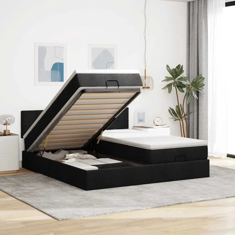 Ottomaanse bed met ruime opbergruimte in lichtgrijs materiaal - Zwart / 160 x 200 cm / Blok met vierkanten - Bedden &
