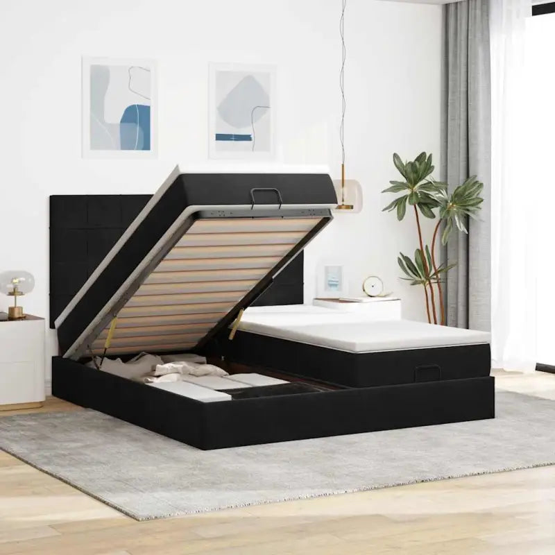 Ottomaanse bed met ruime opbergruimte in zwart materiaal - Zwart / 160 x 200 cm / Blok met vierkanten - Bedden &