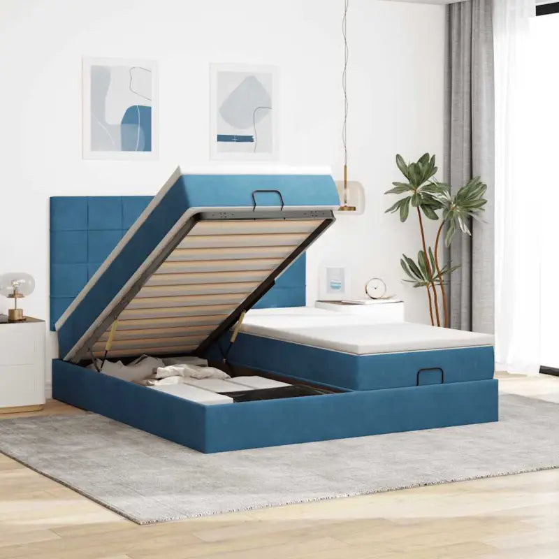 Ottomaanse bed met ruime opbergruimte in zwart materiaal - Donkerblauw / 200 x 200 cm / Blok met vierkanten - Bedden &