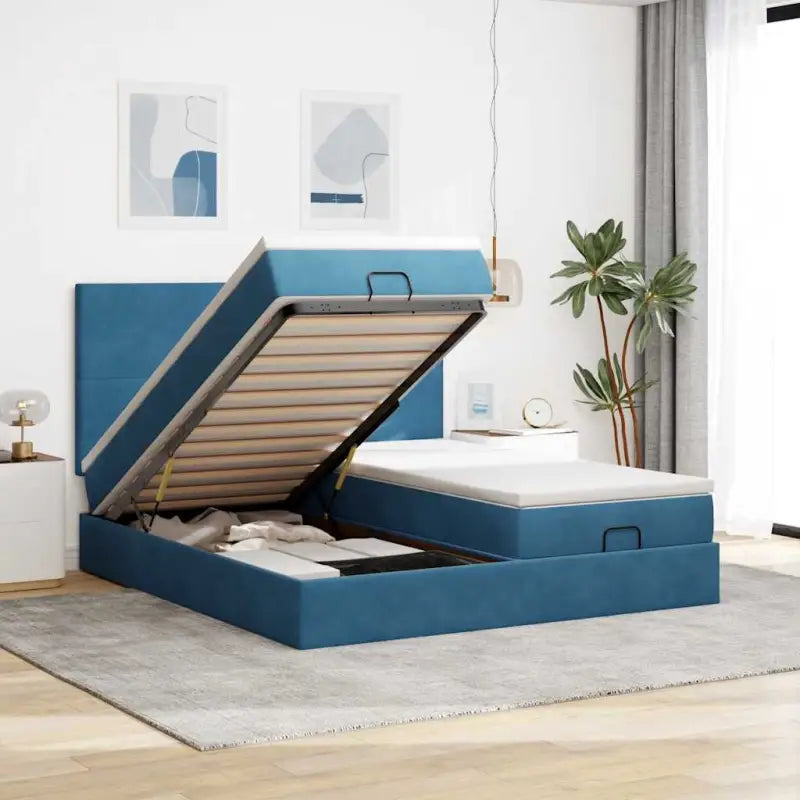 Ottomaanse bed met ruime opbergruimte in zwart materiaal - Donkerblauw / 160 x 200 cm / Effen ontwerp - Bedden &