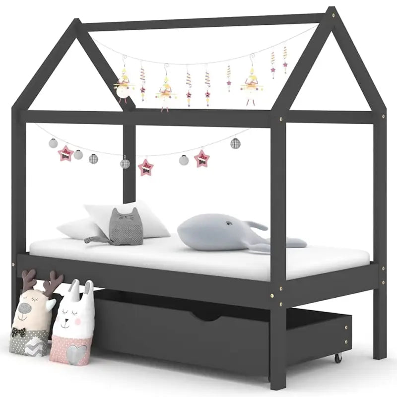 Peuter- en kinderbed met lade van massief grenenhout in boomhutstijl - Donkergrijs / 70 x 140 cm / 1 lade - Peuter- &