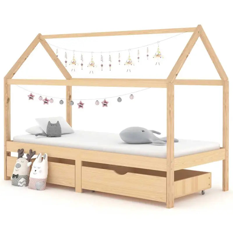 Peuter- en kinderbed met lade van massief grenenhout in boomhutstijl - Bruin / 90 x 200 cm / 2 lades - Peuter- &