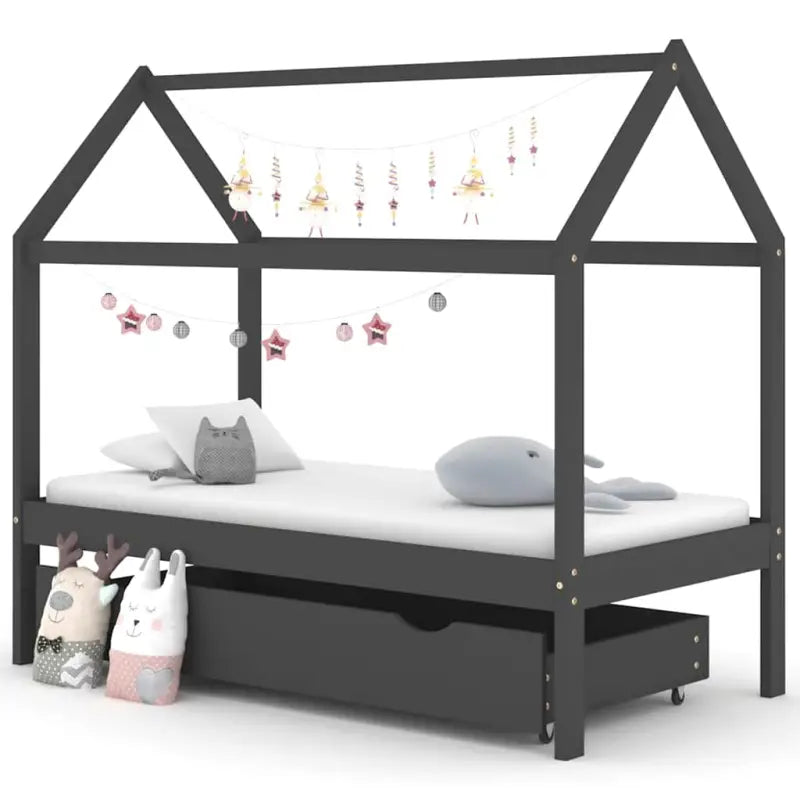 Peuter- en kinderbed met lade van massief grenenhout in boomhutstijl - Donkergrijs / 80 x 160 cm / 1 lade - Peuter- &
