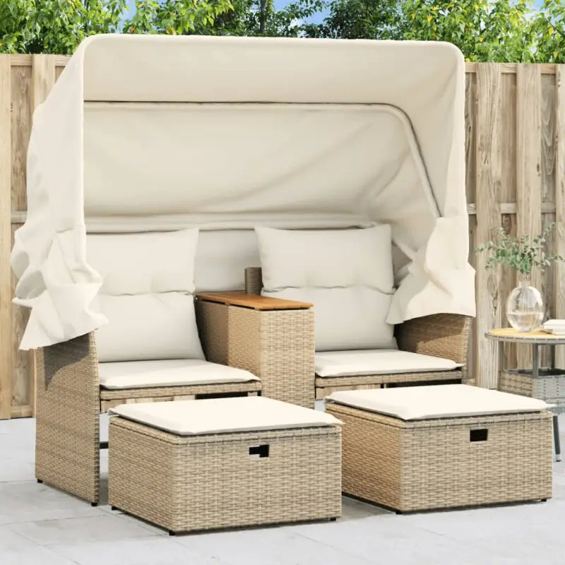 Poly Rattan Loungeset met Uitschuifbare Luifel en Wasbare Hoes - Beige / 1 / met luifel - Loungebanken