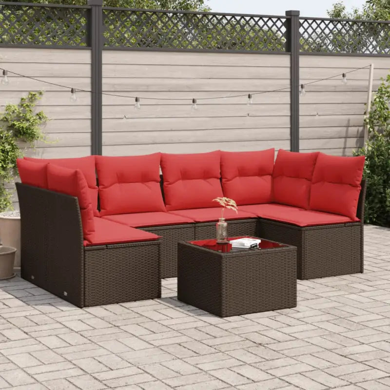 Poly Rattan Tuinset met waterdichte tas en gepoedercoat staal - Bruin en rood / Met tafel - Tuinsets