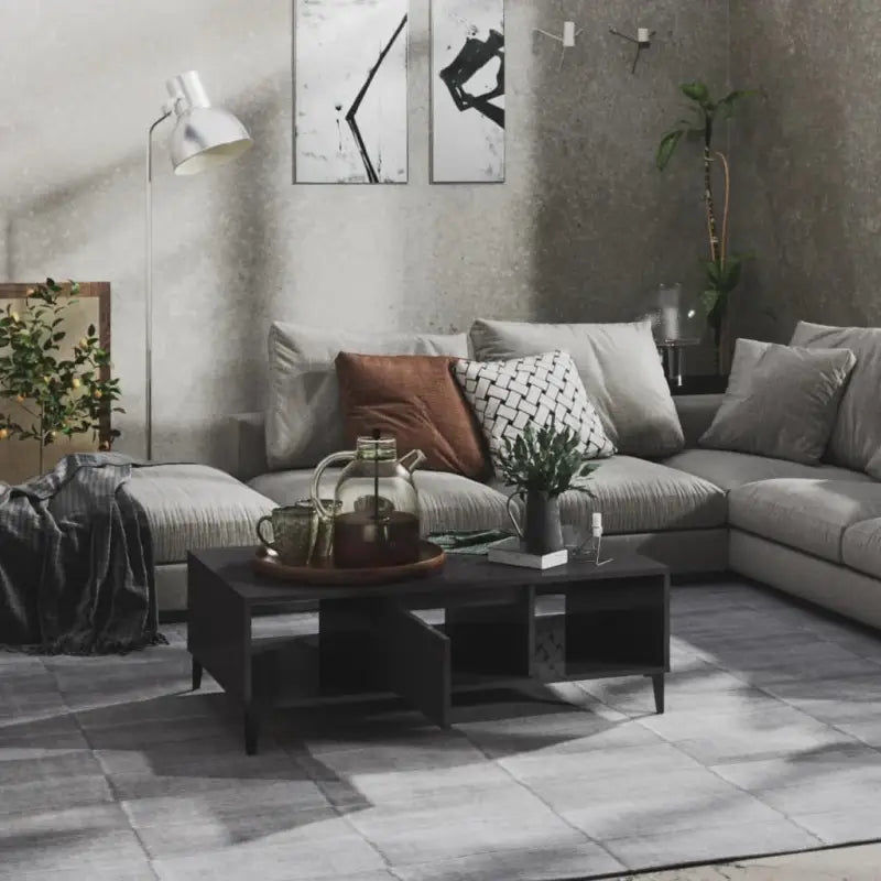 Salontafel met metalen poten en bewerkt hout in hoogglans grijs - Salontafels