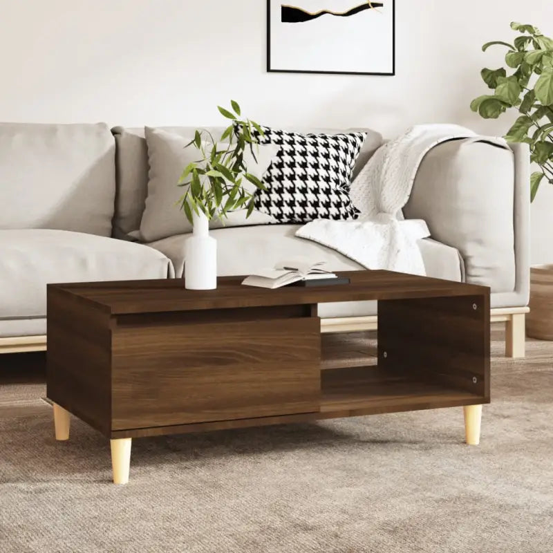 Scandinavische salontafel met bewerkt hout en houten poten - bruin eikenkleur / 1 - Salontafels