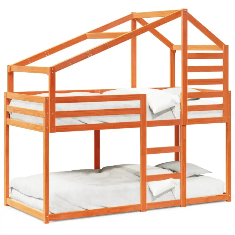 Stapelbed met bedhuis in massief grenenhout met open zijdeur in wasbruin - Bedden & bedframes