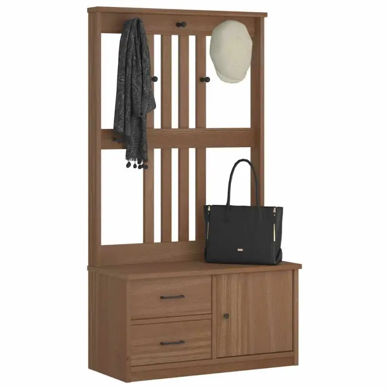 Stijlvolle halbank van massief grenenhout met rustieke charme - Walnoothouten afwerking - Opberg- & halbankjes