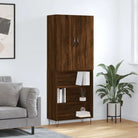 Trendy hoge kast van bewerkt hout met duurzame charme - bruin eikenkleur / 1 / 3 schappen - Dressoirs & buffetkasten