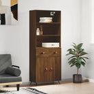 Trendy hoge kast van bewerkt hout met duurzame charme - bruin eikenkleur / 1 / 2 deuren 2 lades - Dressoirs &