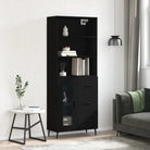 Trendy hoge kast van bewerkt hout met duurzame en stabiele constructie - Zwart / 1 / 1 glazen deur 3 lades - Dressoirs