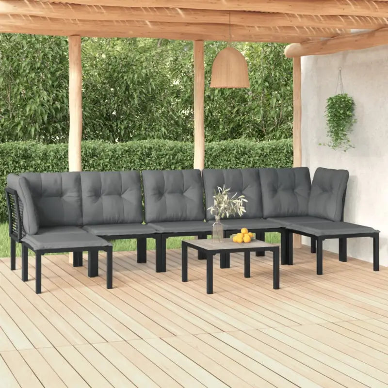 Trendy tuinset met gepoedercoat staal en weerbestendig PE-rattan - 2x hoek + 3x midden + 2x voetensteun + Tafel